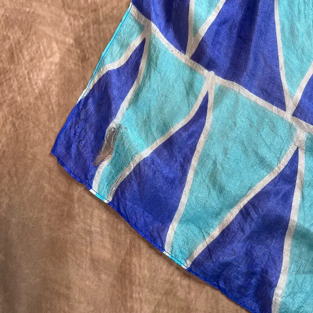 Geometric Satin Scarf Blue Rectangle Polka Dot Circle Triangle Boho Festival Mod